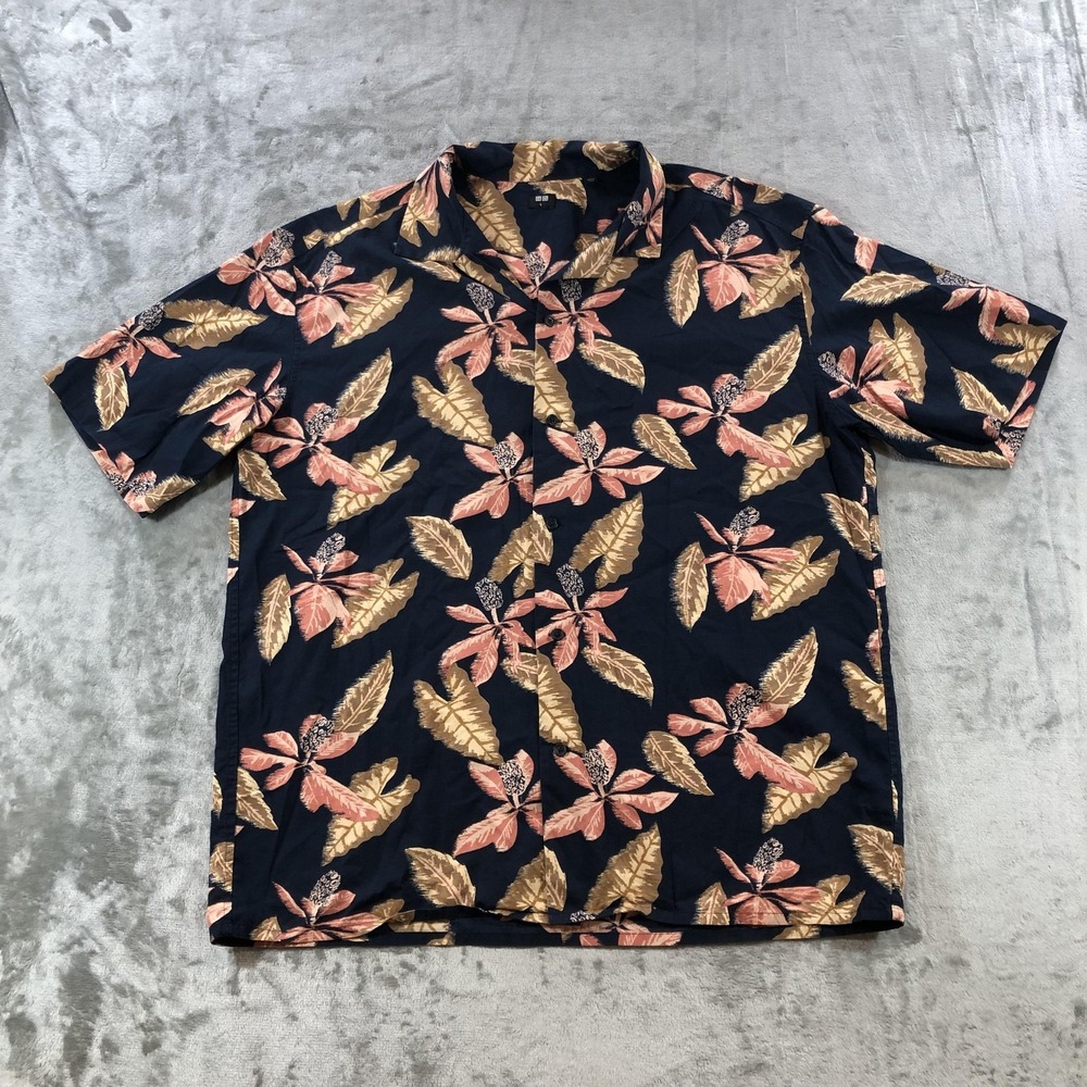 Uniqlo Shirt Mens Large Blue Floral Hawaiian Aloha Short Sleeve Button Front